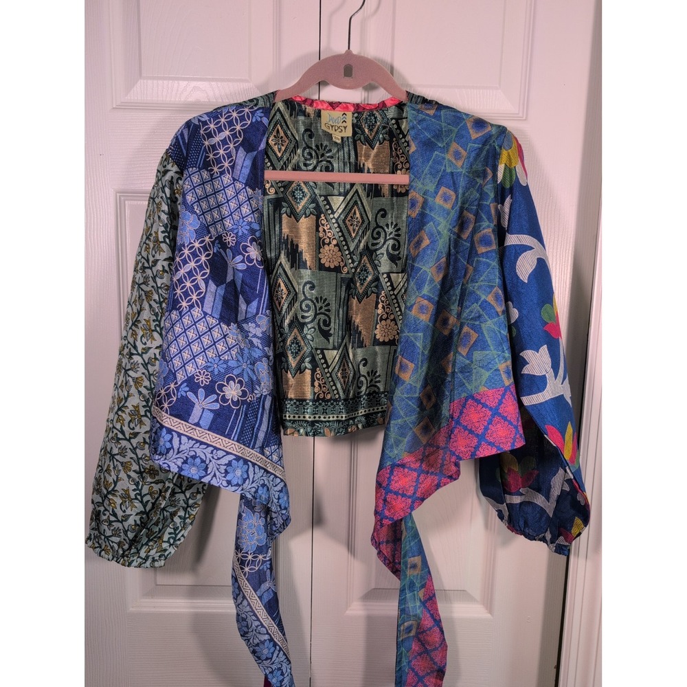 JADED GYPSY Colorful Patchwork Tie Wrap Boho Artsy Top Free Size NWOT